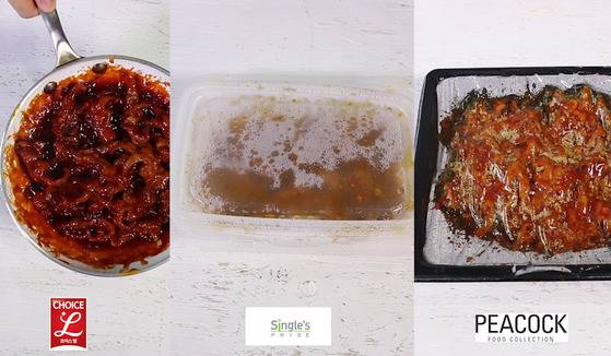 왼쪽부터 프라이팬에 볶은 초이스엘, 닭발이 들어있는 용기 그대로 전자레인지에 조리한 싱글즈 프라이드와 피코크. 송현호 인턴기자