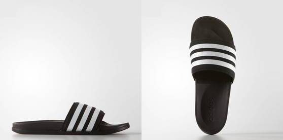 삼선슬리퍼의 원조로 알려져 잇는 아디다스 아딜렛 슬리퍼. 바닥과 발등에 쿠션을 넣어 짝퉁과 차별화했다.[사진 아디다스]