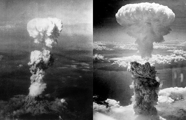 ▲ 히로시마(왼쪽)와 나가사키에 각각 떨어뜨린 핵폭탄이 폭파하는 모습. ⓒwikipedia.org