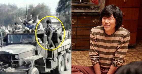 1980년 당시 광주 대학생 시위대 모습 자료 화면(왼), 영화 '택시운전사' 스틸컷.