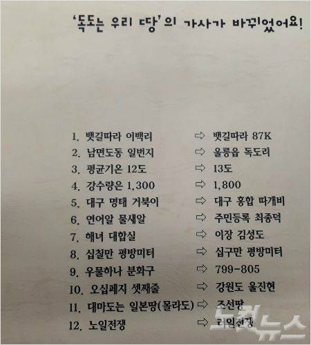 시대의 변화에 따라 달라진 독도 환경을 반영, 수정한 '독도는 우리땅' 가사. (사진=박문영 작곡가 제공)