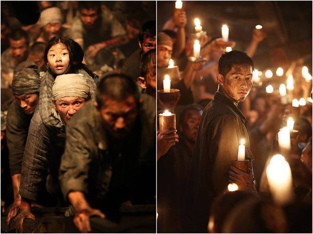 최장섭씨는 “영화 ‘군함도’의 등장인물 ‘소희(왼쪽 위)’와 같은 어린 소녀는 군함도에선 못봤다”고 말했다. 조선인 징용자들끼리 모여 탈출을 모의하는 장면(오른쪽) 역시 사실과 다르다고 했다. 씨제이엔터테인먼트 제공.