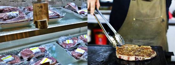 컬리나리아의 자랑인 오픈 냉장고(왼쪽). 고기를 골라 셰프 차지(1만원)를 내면 스테이크를 맛볼 수 있다.