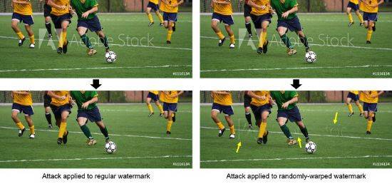 랜덤하게 기하학적 요소를 추가하면 오른쪽 사진처럼 워터마크가 깨끗하게 지워지지 않는다