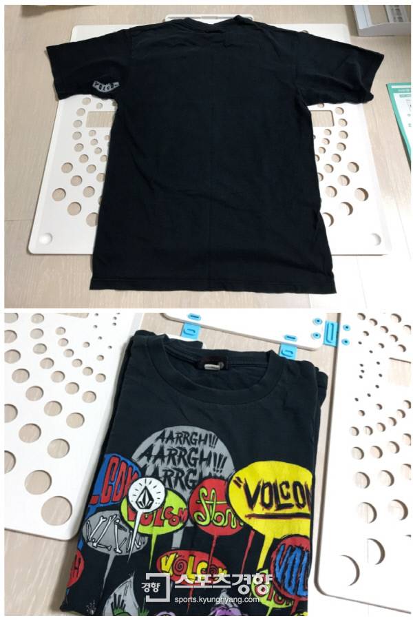 트레이에 옷을 거꾸로 놓고 접기를 시작해야 맨 나중에 그림이 있는 앞면이 오게 접을 수 있다.