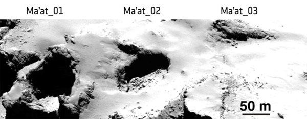 67P혜성의 각기 다른 지역의 싱크홀  진행모습. 사진=ESA