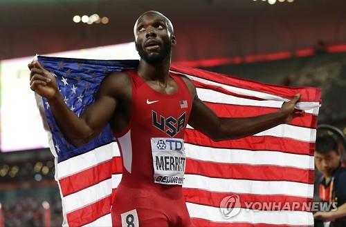 (베이징 AP=연합뉴스) 미국의 남자 1,600m 계주 금메달을 일군 라션 메리트.