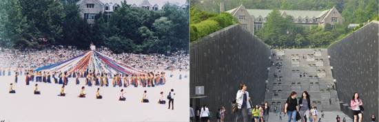 옛 운동장에서 바라본 본관(왼쪽)과 현재 ECC에서 바라본 본관. /사진제공=이화여대