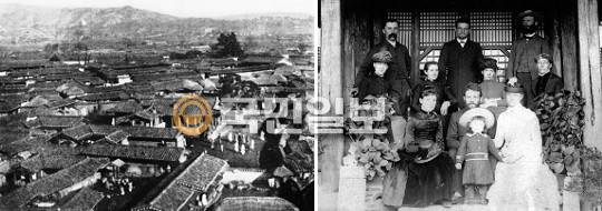 1888년 이화학당에서 내려본 서울 정동의 풍경. 뒷쪽으로 헤론 선교사의 집이 있었다(왼쪽 사진). 1887년 당시 서울의 개신교 선교사들. 왼쪽 뒤가 헤론 부부. 옥성득 교수 제공