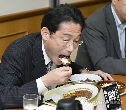 (도쿄 교도=연합뉴스.자료사진) 기시다 후미오(岸田文雄) 일본 외무상이 2014년 10월 1일 도쿄도 외무성 청사 내 식당에서 고래 고기를 사용한 카레 요리를 먹고 있다.