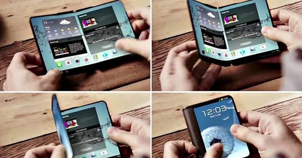 삼성이 만든 동영상 속에 등장하는 스크린이 접히는 스마트폰의 컨셉을 보여준다. HSBC분석가들은 삼성이 연내 이 단말기를 선보일 것이라는 보고서를 내놓았다.