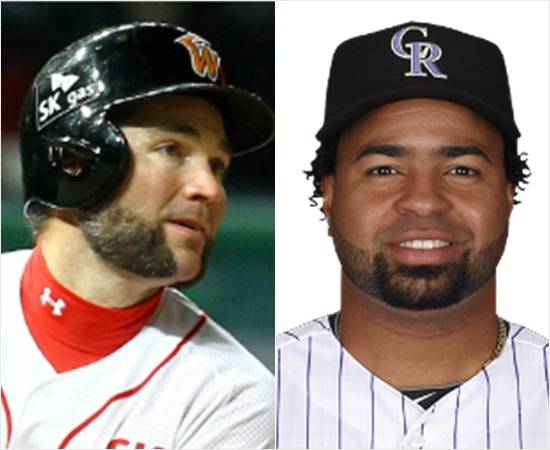 '내 전철을 밟지는 마라' 한화가 22일 현역 메이저리거 윌린 로사리오(오른쪽)와 계약을 공식 발표하면서 올 시즌 활약과 함께 2014년 거물급 빅리거 루크 스캇을 영입했던 SK의 전철을 밟지 않고 성공적인 시즌을 치를 수 있을지 관심이 커지고 있다.(자료사진=콜로라도 홈페이지, SK 와이번스)