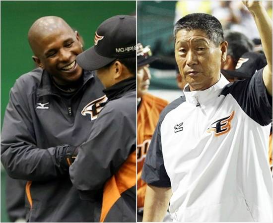 지난해 한화에서 방출된 외국인 타자 나이저 모건(왼쪽)과 김성근 한화 감독.(자료사진=한화 이글스)