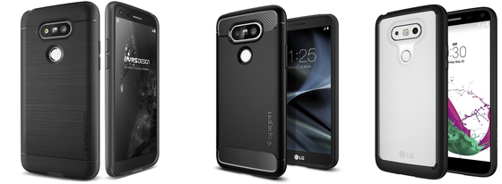 LG G5 케이스 예상 이미지. 왼쪽부터 베루스, 슈피겐, 디즈트로닉. (아마존 캡처)