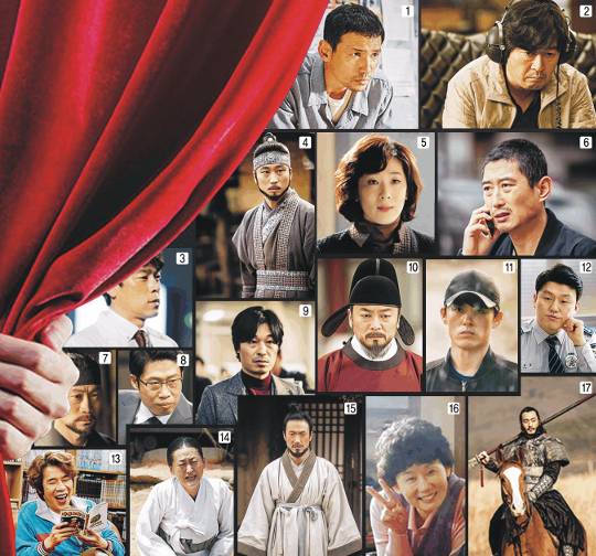 최근 드라마와 영화에서 종횡무진 활약 중인 연극배우들. ①황정민 ②김윤석 ③이승준 ④민성욱 ⑤백지원 ⑥김원해 ⑦진선규 ⑧유해진 ⑨정해균 ⑩김의성 ⑪최재웅 ⑫김민재 ⑬오달수 ⑭오지혜 ⑮이명행 (16)김선영 (17)박해수.
