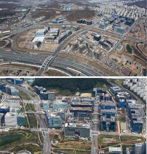 2011년 당시 공사중인 판교 테크노밸리의 모습(위)과 2014년 판교 테크노밸리의 모습. /경기과학기술진흥원 제공