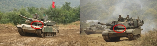 몸을 드러낸 채 조종하는 한국군 흑표전차 조종수(왼쪽)와 밀폐조종하는 미군 M1A1 전차 조종수.