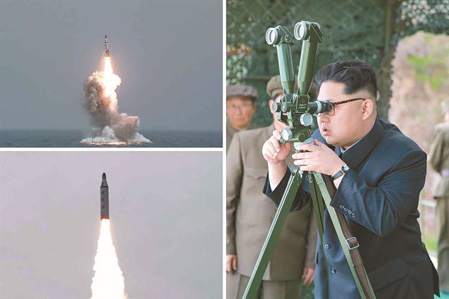 북한이 지난 23일 동해에서 수중 발사한 잠수함발사탄도미사일(SLBM)을 김정은 국방위원회 제1위원장이 관측장비로 지켜보고 있다.