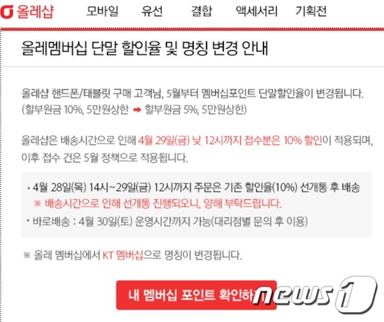 KT가 스마트폰과 태블릿 구매 시, 제공하던 멤버십 포인트 단말기 할인율을 5월부터 기존 10%에서 5%대로 줄인다. © News1