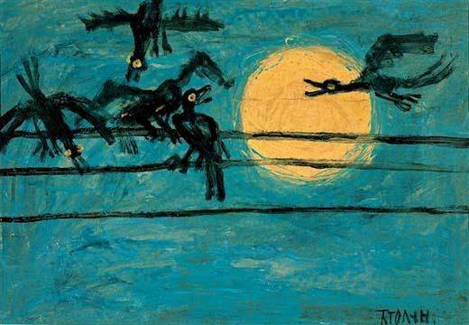 ‘한국의 고흐’로 불리는 화가 이중섭(1916~56)의 1954년작 ‘달과 까마귀’. 둥그런 달을 배경으로 다섯 마리의 까마귀가 전깃줄에 있다. 까마귀가 달을 보지 못한다 해도 까마귀 뒤에는 달이 있다.