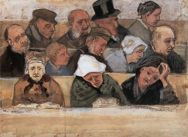 빈센트 반 고흐의 작품 ‘구빈원 사람들’. 그림 속 인물들의 표정이 제각각이다. 다들 각자의 상념에 젖어 있다. 앞에 펼쳐 놓은 성경책이 눈길을 끈다. 우리가 기도하는 얼굴도 저 그림 속의 하나와 닮았을까.