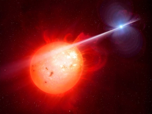 이상한 쌍성 ‘전갈자리 AR’, 적색왜성(왼쪽)을 1.97분마다 백색왜성의 방사선이 비추고 있다. - M. Garlick/University of Warwick, ESA/Hubble, ESO