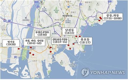 부산 가스냄새 이동경로(연합뉴스 자료)