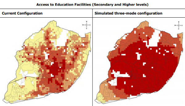 빨간 색으로 표시된 지역일수록 교육 시설 접근성이 좋다. 자가용과 버스 대신 공유 차량을 도입할 경우 도시 외곽 지역의 교육 시설 접근성이 크게 개선되는 것으로 나타났다.