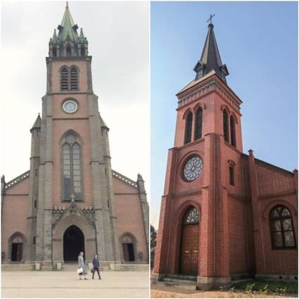 명동성당(왼쪽)과 중림동 약현성당(오른쪽). 높은 첨탑 등의 생김새가 형제처럼 닮았다. /이승주 기자, 가톨릭인터넷 굿뉴스 제공