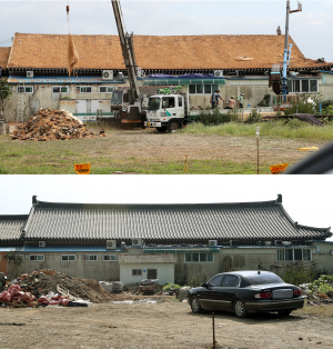 경북 경주의 지진 피해 복구가 빠르게 진행되고 있다. 지진 피해를 입은 경주 황남동의 한 식당이 9월 21일 기와 교체작업(위 사진)에 들어가 지난 12일 새 기와를 얹고 예전의 모습(아래)을 되찾았다.  연합뉴스