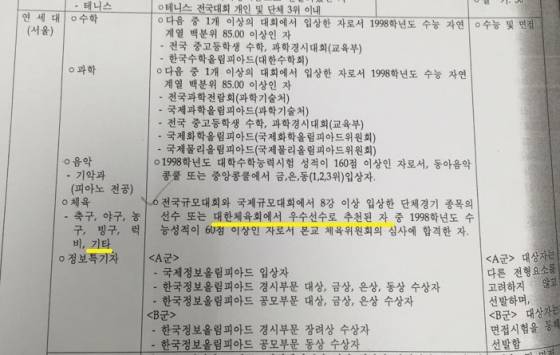 대교협이 송기석 의원에게 제출한 1998학년도 전국대학생신입생모집요강 중 연세대 특기분야 선발요강. 기타 종목이 추가되면서 개인종목 특기생도 입학이 가능하게 됐다. /사진=송기석 의원실