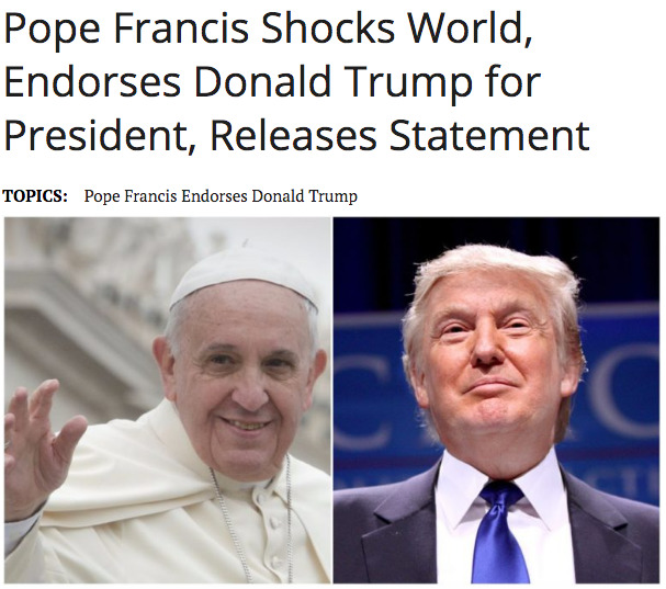 ‘프란치스코 교황, 트럼프를 지지하며 전 세계를 놀라게 하다’라는 제목의 가짜 뉴스. <엔딩 더 페드> 누리집 갈무리