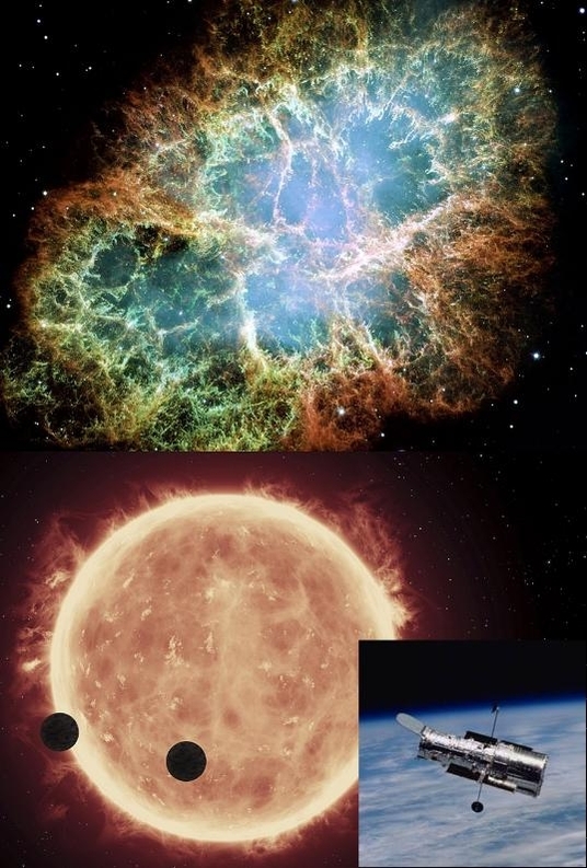 허블 우주망원경(아래 오른쪽)이 찍은 게 성운(사진 위). 게 성운은 지구에서 6500광년 떨어져 있고 지름이 11광년이다, 적색난쟁이별 주위를 돌고 있는 TRAPPIST-1 행성들(아래 왼쪽). 과학자들은 이 두 개 행성에 물이 존재할 가능성이 있다고 보고 있다./사진=NASA, 그래픽=방성수 기자