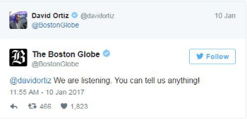 데이비드 오티스가 지난 10일 보스턴 글로브에 보낸 트윗에 보스턴 글로브가 ‘듣고 있다. 무엇이든 말해도 좋다’는 답장을 보냈다. 트위터 캡처