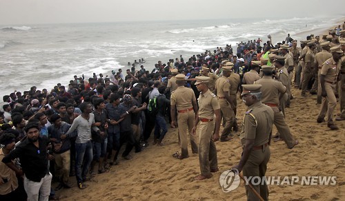 23일 인도 남부 첸나이 마리나 해변에서 경찰이 잘리카투 허용을 요구하며 1주일째 농성한 시위대를 해산하고 있다.[AP=연합뉴스 자료사진]