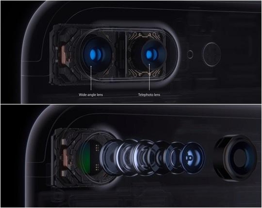 아이폰7 플러스의 듀얼카메라는 광각렌즈와 망원렌즈로 구성됐다(위), 아이폰7 플러스의 렌즈는 모두 6겹으로 만들어졌다. /애플 제공