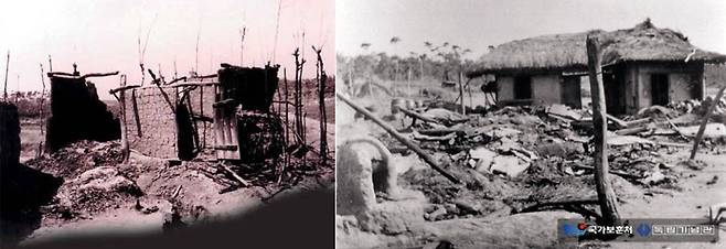 일본에 의해 파괴된 제암리 마을(왼쪽), 파괴된 제암리 교회 /제암리 3·1운동순국기념관 홈페이지, 국가보훈처, 독립기념관