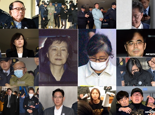 박근혜-최순실 게이트의 국정농단 장본인들과 연루자들. 검찰과 특별검사에 의해 구속 또는 불구속 기소됐거나 체포영장이 발부돼 있다.  뉴시스