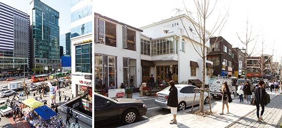 홍대입구역 상권은 상수·연남동 주변으로 확장해나가며 강세를 이어가고 있다. 사진은 2호선 출구 부근(좌)과 연남동 거리(우).