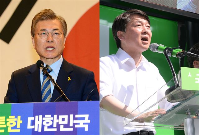 문재인(왼쪽) 더불어민주당 후보, 안철수 국민의당 후보. 한국일보 자료사진