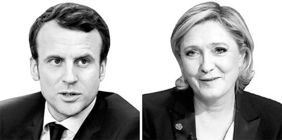 프랑스 대선 여론조사 1,2위를 달리고 있는 에마뉴엘 마크롱(왼쪽)과 마린 르펜. [중앙포토]
