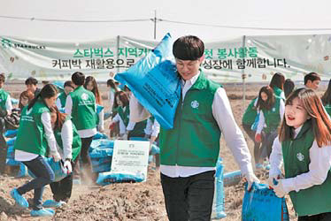 지난달 15일 스타벅스 직원들이 경기도 평택의 한 농장에서 커피 찌꺼기 2t을 재활용한 퇴비를 뿌리는 봉사활동에 참가하고 있다.