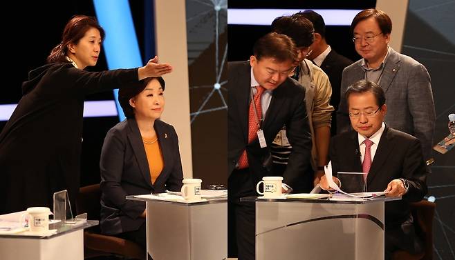 28일 MBC스튜디오에서 열린 대선후보 5차 TV토론회에 참석한 심상정 정의당 후보(왼쪽)와 홍준표 자유한국당 후보.