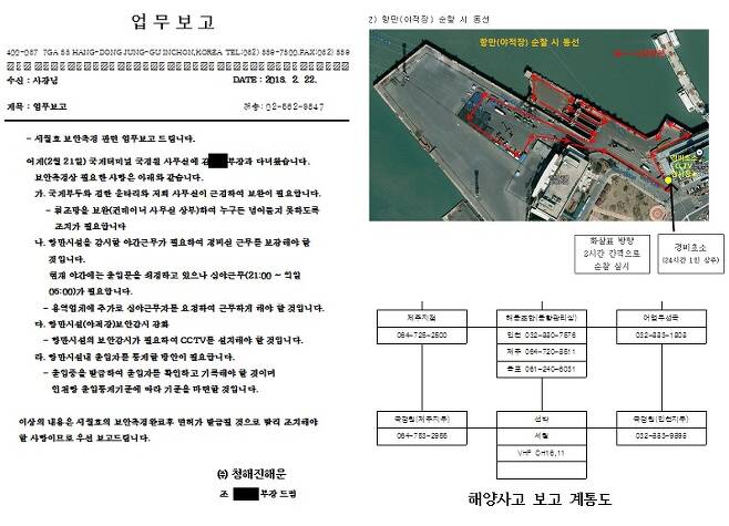 ▲ 2013년 2월21일 면담에 대한 청해진해운의 업무보고 문서(왼쪽)와 22일 수정작성된 보안측정자료에 포함된 경비초소 위성사진(오른쪽 위), 해양사고보고계통도(오른쪽 아래)