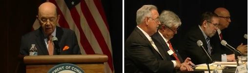 지난 18일 미국 상무부에서 개최된 무역적자 원인분석 공청회에서 윌버 로스(왼쪽사진) 상무장관과 각 업계 대표들이 발언하고 있다. KOTRA 제공