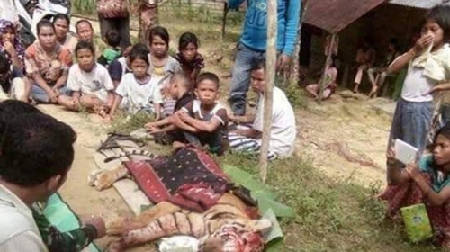 지난 25일 인도네시아 북수마트라주(州) 라부한 바투 우타라 리젠시(군·郡)의 한 마을에서 주민들이 사냥한 두살짜리 수컷 수마트라 호랑이를 둘러싸고 있다. [인도네시아 트리뷴뉴스 홈페이지 캡쳐=연합뉴스]