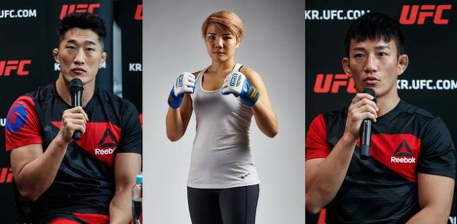 UFC 싱가포르 대회에 출전하는 한국인 파이터 3인방. 왼쪽부터 김동현, 김지연, 곽관호.