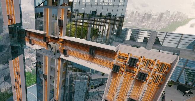 로프없이 수직-수평 이동이 가능한 멀티 엘리베이터 개념도. 티센크루프 제공