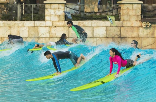 캐리비안 베이에서 국내 최초로 시도된 인공 파도풀 서핑을 즐기는 이용자들. 삼성물산 제공