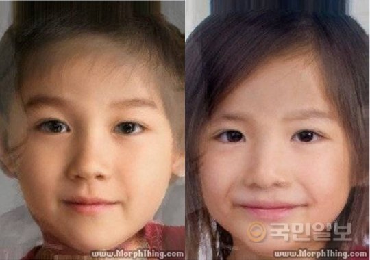 얼굴 합성사이트 ‘모프싱닷컴’에서 송혜교와 송중기의 사진을 조합해 2세를 예측한 결과. 왼쪽은 아들, 오른쪽은 딸이다.